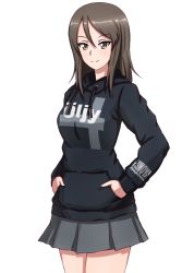 Rule 34 | 1girl, absurdres, black shirt, brown eyes, brown hair, casual, closed mouth, clothes writing, cowboy shot, drawstring, finnish text, girls und panzer, grey skirt, hands in pockets, highres, hood, hood down, hoodie, long hair, long sleeves, looking at viewer, mika (girls und panzer), miniskirt, no headwear, omachi (slabco), pleated skirt, shirt, simple background, skirt, smile, solo, standing, swept bangs, white background