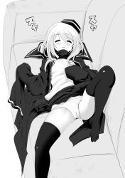 Rule 34 | 1girl, absurdres, arknights, ass, couch, durin (arknights), closed eyes, greyscale, hair between eyes, hat, highres, jacket, long hair, lying, momio, monochrome, on back, open mouth, panties, pleated skirt, pointy ears, skirt, sleeveless, sleeves past wrists, solo, spread legs, thighhighs, underwear