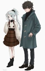 Rule 34 | 1boy, 1girl, alternate costume, black footwear, black hair, black pants, black sweater, blue jacket, boots, closed mouth, commentary request, contemporary, fate/samurai remnant, fate (series), full body, green eyes, grey hair, hair over one eye, highres, jacket, long hair, long sleeves, looking at another, looking at viewer, miyamoto iori (fate), one eye covered, pants, plaid, plaid skirt, pocket, ponytail, shoes, short ponytail, signature, simple background, skirt, sleeves past fingers, sleeves past wrists, sweater, turtleneck, turtleneck sweater, very long hair, white background, white sweater, yui shousetsu (fate), yumeko (fgo39625963)