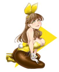 Rule 34 | 1girl, animal ears, ass, ayato utae, bow, bowtie, braid, breasts, brown eyes, brown pantyhose, cleavage, commentary request, crown braid, dolphin wave, large breasts, leotard, long hair, looking at viewer, one-piece thong, pantyhose, playboy bunny, rabbit ears, rabbit tail, smile, solo, strapless, strapless leotard, tail, thong leotard, udukikosuke, wavy hair, white background, wrist cuffs, yellow bow, yellow bowtie, yellow eyes, yellow leotard