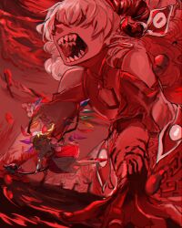 Rule 34 | 2girls, blonde hair, chamaruk, chinese clothes, dress, flandre scarlet, flying, giant, giantess, highres, holding, holding staff, looking up, multiple girls, open mouth, red dress, red eyes, sharp teeth, staff, sunken fossil world, teeth, touhou, toutetsu yuuma, white hair, wings