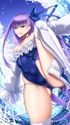 Rule 34 | 1girl, akitsuki karasu, armor, bare shoulders, blue eyes, blue one-piece swimsuit, blue sky, blush, breasts, choker, closed mouth, collarbone, covered navel, fate/grand order, fate (series), frills, gluteal fold, greaves, hair between eyes, highleg, highleg swimsuit, highres, knee up, licking lips, long hair, long sleeves, looking at viewer, meltryllis, meltryllis (fate), meltryllis (swimsuit lancer) (fate), meltryllis (swimsuit lancer) (second ascension) (fate), one-piece swimsuit, purple hair, sky, sleeves past fingers, sleeves past wrists, small breasts, smile, solo, swimsuit, thighs, tongue, tongue out, very long hair, water