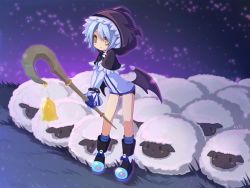 Rule 34 | 1girl, bad id, bad pixiv id, bat wings, bell, blue hair, blush stickers, butt wings, gloves, grass, hood, kaka cheung, low wings, night, night sky, original, parted lips, sheep, short shorts, shorts, skull, sky, staff, star (sky), starry sky, wings, yellow eyes