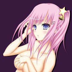 Rule 34 | 1girl, bell, blue eyes, blush, breast hold, breasts, covering privates, female focus, hair ornament, hairclip, large breasts, long hair, nude, nude cover, open mouth, original, pink hair, ponytail, shake (ferit3), side ponytail, simple background, solo