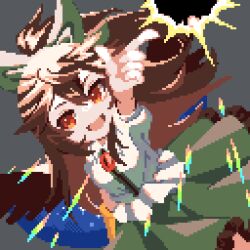 Rule 34 | 1girl, :d, black sun, bow, brown hair, commentary request, futsu nomal, green bow, green skirt, hair bow, highres, index finger raised, long hair, looking at viewer, open mouth, pixel art, pointing, red eyes, reiuji utsuho, shirt, skirt, smile, solo, starry sky print, sun, third eye, touhou, white shirt