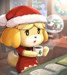 Rule 34 | 1girl, animal crossing, animal ears, black eyes, blurry, blurry background, blush, blush stickers, book, bright pupils, chair, christmas, christmas lights, coffee mug, commentary request, cup, dog ears, dog girl, dog tail, dress, drink, fur-trimmed headwear, fur trim, furry, furry female, gonzarez, hat, highres, holding, holding cup, indoors, isabelle (animal crossing), mug, night, nintendo, on chair, open book, open mouth, pom pom (clothes), red dress, red hat, santa costume, santa hat, short sleeves, sitting, snow, snow globe, snowing, snowman, solo, steam, table, tail, tree, white pupils, window, yellow fur