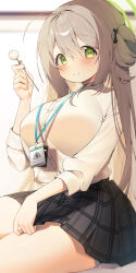 Rule 34 | 1girl, absurdres, black skirt, blue archive, blush, breasts, brown hair, closed mouth, commentary, green eyes, hair between eyes, halo, highres, large breasts, long hair, looking at viewer, mimikaki, name tag, nonomi (blue archive), pleated skirt, sen light, shirt, sitting, skirt, smile, solo, thighs, white shirt