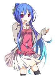 Rule 34 | 1girl, :d, alternate costume, alternate hairstyle, black thighhighs, blue hair, casual, contemporary, fang, female focus, hinanawi tenshi, hood, hoodie, ichiyan, leaf, long hair, looking at viewer, multicolored hair, no headwear, open mouth, ponytail, purple eyes, simple background, skirt, smile, solo, thighhighs, touhou, two-tone hair, white background, zettai ryouiki