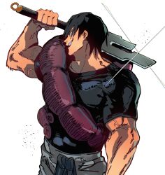 Rule 34 | 1boy, absurdres, arm at side, arm up, bara, biceps, black eyes, black hair, black shirt, closed mouth, cowboy shot, cursed spirit (jujutsu kaisen), diffraction spikes, drawstring, film grain, fingernails, fushiguro touji, grey pants, highres, holding, holding weapon, inverted spear of heaven (jujutsu kaisen), isaacchief300, jujutsu kaisen, looking up, male focus, mature male, muscular, muscular male, over shoulder, paint splatter, pants, profile, shirt, shirt tucked in, short hair, short sleeves, simple background, skin tight, small pupils, smile, solo, standing, straight hair, three quarter view, veins, veiny arms, weapon, weapon over shoulder, white background