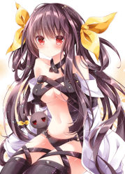 Rule 34 | 1girl, amelie-san (nogi takayoshi), animal, bare shoulders, bow, breasts, brown hair, cat, collar, collarbone, cosplay, detached sleeves, dizzy (guilty gear), dizzy (guilty gear) (cosplay), guilty gear, hair bow, medium breasts, navel, nogi takayoshi, original, red eyes, sitting, twintails, underboob