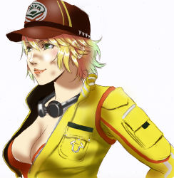 Rule 34 | 10s, 1girl, absurdres, baseball cap, blonde hair, breasts, cidney aurum, cleavage, dirty, dirty face, female focus, final fantasy, final fantasy xv, goggles, goggles around neck, green eyes, hat, highres, jacket, large breasts, lips, lipstick, makeup, nose, short hair, smile, solo, ta-chun