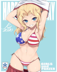 Rule 34 | 1girl, 2020, american flag bikini, arms up, bikini, blonde hair, blue background, blue eyes, blush, border, breasts, character name, cleavage, clothes pull, collarbone, copyright name, cowboy shot, fang, flag print, front-tie bikini top, front-tie top, girls und panzer, gluteal fold, grin, highres, kasai shin, kay (girls und panzer), large breasts, lips, long hair, looking at viewer, navel, pleated skirt, red skirt, shiny skin, shirt, side-tie bikini bottom, skirt, skirt pull, smile, solo, string bikini, swimsuit, thighhighs, underboob, undressing, white border, white shirt, white thighhighs, wide hips