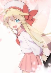 Rule 34 | 1girl, ;d, ahoge, bag, blonde hair, blue eyes, blurry, blurry background, blush, bow, cherry blossoms, collared shirt, commentary request, cowboy shot, fairy wings, female focus, from side, hat, hat bow, highres, holding, holding bag, lily white, long hair, long sleeves, looking at viewer, one eye closed, open mouth, petals, pink skirt, pleated skirt, red bow, red neckwear, sailor collar, school bag, school uniform, serafuku, shirt, skirt, smile, solo, touhou, white hat, white shirt, wings, yutamaro