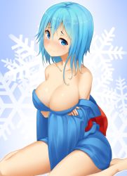 Rule 34 | bare shoulders, blue eyes, blue hair, breasts, cleavage, highres, karaage (ta-na), large breasts, looking at viewer, original, sitting, smile, snow, solo, thighs, wariza