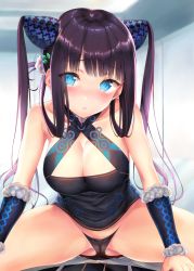 Rule 34 | 1girl, bare shoulders, black dress, blue eyes, blush, breasts, china dress, chinese clothes, cleavage, detached sleeves, dress, fate/grand order, fate (series), gluteal fold, hair ornament, highres, kagutsuchi (l&#039;archange), large breasts, leaf hair ornament, leaning forward, long hair, looking at viewer, parted lips, purple hair, short dress, sidelocks, sitting, split, thighs, twintails, very long hair, yang guifei (fate), yang guifei (second ascension) (fate)
