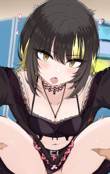Rule 34 | 1boy, 1girl, belt buckle, black hair, black jacket, black panties, blonde hair, blush, breasts, buckle, clothing aside, collarbone, commentary request, crop top, deep skin, heart, hetero, highres, holding another&#039;s leg, idolmaster, idolmaster shiny colors, ikaruga luca, implied sex, indoors, jacket, looking at viewer, midriff, multicolored hair, navel piercing, out-of-frame censoring, panties, panties aside, piercing, pov, pov hands, sidelocks, small breasts, spread legs, stomach, straddling, streaked hair, sweat, temari rin, tongue, tongue out, underwear, upright straddle