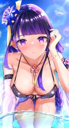 Rule 34 | 1girl, absurdres, arm strap, bare shoulders, bead bracelet, beads, bikini, black bikini, blue sky, bracelet, braid, breasts, caffeinechara, cleavage, close-up, collarbone, cowboy shot, day, flower, front-tie top, genshin impact, hair flower, hair ornament, highres, jewelry, large breasts, legs together, lens flare, light particles, low-braided long hair, low-tied long hair, mole, mole under eye, nail polish, neck tassel, necklace, off shoulder, open clothes, open shirt, outdoors, parted lips, partially underwater shot, purple eyes, purple flower, purple hair, purple nails, raiden shogun, see-through, see-through shirt, sidelocks, single braid, skindentation, sky, solo, strap gap, sunlight, swept bangs, swimsuit, thigh gap, tucking hair, vision (genshin impact), wading, water, wet, wet clothes, wet swimsuit