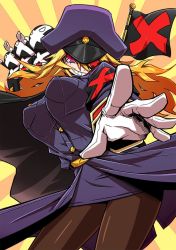 Rule 34 | 10s, 1girl, 3boys, black general, black pantyhose, blonde hair, bouncing breasts, breasts, cape, contrapposto, eyepatch, flag, gloves, grin, hat, jin (mugenjin), large breasts, long hair, long sleeves, looking at viewer, multiple boys, original, pantyhose, red eyes, salute, smile, standing, straight-arm salute, sunburst, white gloves, zannen onna-kanbu black general-san