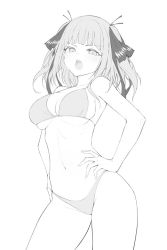 Rule 34 | 1girl, armpits, artist request, bad id, bad twitter id, blush, breasts, go-toubun no hanayome, greyscale, hands on own hips, inactive account, large breasts, lingerie, monochrome, nakano nino, navel, open mouth, short hair, sketch, solo, tagme, underwear, waero, white background