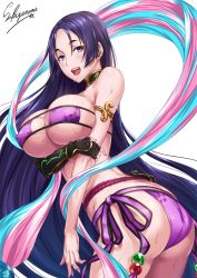 Rule 34 | 1girl, arm guards, armlet, artist name, ass, back, bare arms, bare shoulders, beads, bikini, black gloves, breast hold, breasts, choker, cloud, collarbone, commentary request, covered erect nipples, curvy, day, elbow gloves, eyepatch bikini, fate/grand order, fate (series), fingerless gloves, gloves, gold trim, happy, hip focus, large breasts, long hair, looking to the side, minamoto no raikou (fate), minamoto no raikou (fate/grand order), minamoto no raikou (swimsuit lancer) (fate), minamoto no raikou (swimsuit lancer) (third ascension) (fate), nail polish, open mouth, parted bangs, pink nails, pouch, purple bikini, purple eyes, purple hair, rope, sakiyamama, sash, side-tie bikini bottom, signature, simple background, single glove, sky, smile, solo, swimsuit, teeth, thighs, tongue, very long hair, wet, white background
