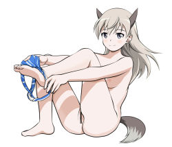 Rule 34 | 1girl, animal ears, ass, bar censor, barefoot, blue eyes, blue panties, blush, breasts, censored, cleft of venus, closed mouth, eila ilmatar juutilainen, feet, female focus, fox ears, fox tail, full body, legs, light smile, looking at viewer, matching hair/eyes, medium breasts, medium hair, monousa, nipples, nude, panties, panties around leg, pussy, simple background, sitting, smile, soles, solo, strike witches, striped clothes, striped panties, tail, thighs, toes, underwear, undressing, white background, white hair, world witches series