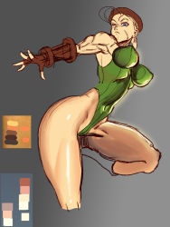 Rule 34 | 1girl, ahoge, blonde hair, blue eyes, braid, breasts, cammy white, color guide, cropped legs, elbow gloves, fingerless gloves, gloves, hayakawa sonchou, huge ahoge, impossible clothes, impossible leotard, leotard, long hair, muscular, one eye closed, perky breasts, scar, skin tight, solo, street fighter, thick thighs, thighs, twin braids, unfinished