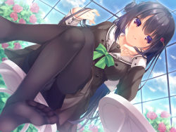 Rule 34 | 1girl, black hair, black pantyhose, black serafuku, black shirt, black skirt, bow, breasts, brown eyes, closed mouth, commentary request, crossed legs, day, dutch angle, feet, flower, green bow, greenhouse, hair between eyes, hair bun, hair flower, hair ornament, indoors, legs, long hair, long sleeves, medium breasts, no shoes, original, pantyhose, pleated skirt, red flower, red rose, rose, sailor collar, school uniform, serafuku, shirt, side bun, single hair bun, single side bun, sitting, skirt, smile, soles, solo, stool, table, very long hair, white sailor collar, yukie (peach candy)