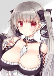 Rule 34 | 1girl, azur lane, black dress, blush, breasts, cleavage, closed mouth, dress, earrings, formidable (azur lane), frilled dress, frills, grey hair, jewelry, large breasts, long hair, looking at viewer, red eyes, ribbon, ryuuga shou, solo, twintails, two-tone dress, two-tone ribbon, very long hair