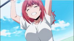 Rule 34 | 10s, 1girl, animated, animated gif, bouncing breasts, breasts, clenched teeth, closed eyes, gym uniform, keijo!!!!!!!!, large breasts, lowres, red hair, solo, teeth, toyoguchi non