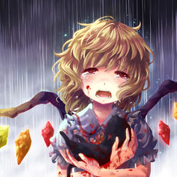Rule 34 | 1girl, blood, blood on clothes, blood on face, blood on hands, blush, cat, crying, crying with eyes open, dead animal, fangs, female focus, flandre scarlet, niichi (komorebi-palette), no headwear, open mouth, puffy sleeves, rain, red eyes, shirt, short sleeves, solo, tears, touhou, wings