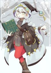 Rule 34 | 1girl, asteria of the white woods, bag, book, boots, duel monster, grey eyes, highres, jacket, leg up, long sleeves, looking at viewer, low side ponytail, monocle, pinyata (pinyaland), red thighhighs, shoulder bag, solo, standing, sweater, thighhighs, white hair, yu-gi-oh!