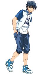 Rule 34 | 1boy, blue eyes, blue hair, blue shorts, highres, hizutome rakurou, looking at viewer, shangri-la frontier, shirt, shoes, shorts, simple background, smile, solo, sweater, transparent background, white shirt, white sweater
