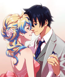 Rule 34 | 00s, 1boy, 1girl, alternate hairstyle, couple, eye contact, flower, formal, gloves, hair flower, hair ornament, holding hands, hetero, husband and wife, jewelry, looking at another, multicolored hair, necktie, nia teppelin, peco19peco, ring, simon (ttgl), smile, tengen toppa gurren lagann, two-tone hair