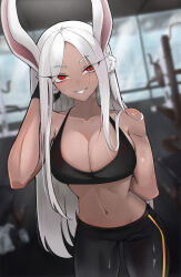 Rule 34 | 1girl, absurdres, animal ears, arm behind back, bare shoulders, black gloves, black pants, black sports bra, blurry, blurry background, boku no hero academia, breasts, breath, cleavage, collarbone, dark-skinned female, dark skin, dizzykone, gloves, gluteal fold, gym, hair over shoulder, hand to head, highres, indoors, large breasts, leggings, long eyelashes, long hair, looking at viewer, lowleg, mirko, navel, pants, parted bangs, rabbit ears, rabbit girl, red eyes, smile, solo, sports bra, stomach, sweat, thighs, tight clothes, toned, very long hair, white hair