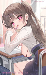 Rule 34 | 1girl, :d, bag, bikini, bikini under clothes, blue skirt, blush, breasts, brown bikini, brown hair, chair, day, desk, flashing, hand up, holding, holding pen, indoors, large breasts, long hair, long sleeves, looking at viewer, looking back, natsuki marina, one breast out, one side up, open mouth, oppai challenge, original, pen, pleated skirt, school bag, school chair, school desk, school uniform, shirt, skirt, sleeves past wrists, smile, solo, swimsuit, twitter username, very long hair, white shirt, window