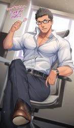 Rule 34 | 1boy, bara, belt, black hair, black pants, blue eyes, buttons, candy, chair, collared shirt, facial hair, food, highres, holding, holding candy, holding food, large pectorals, crossed legs, lollipop, looking at viewer, male focus, muscular, muscular male, nullq q, open mouth, original, pants, pectoral cleavage, pectorals, shirt, short hair, sitting, sleeves rolled up, smile, solo, stubble, watch, white shirt, wristwatch