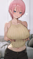 Rule 34 | 1girl, absurdres, black pants, blue eyes, blurry, blurry background, blush, breast lift, breasts, collarbone, couch, earrings, go-toubun no hanayome, grin, heart, highres, jewelry, large breasts, looking at viewer, midriff, military vehicle, motor vehicle, nakano ichika, navel, pants, pink hair, ribbed tank top, short hair, smile, solo, sooon, stomach, stud earrings, tank