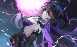 1girl, absurdres, backless dress, backless outfit, black hair, breasts, cleavage, collar, dark tyrant tenebria (epic seven), dress, earrings, elbow gloves, epic seven, gloves, hair between eyes, halter top, halterneck, hand up, highres, horns, jewelry, long hair, looking at viewer, looking to the side, medium breasts, purple eyes, solo, tenebria (epic seven), tiara, vardan