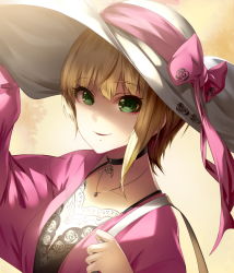 Rule 34 | 10s, 1girl, bad id, bad pixiv id, blonde hair, bow, breasts, brown background, choker, collarbone, floral print, green eyes, hand on headwear, hand up, hat, hat ribbon, holding strap, idolmaster, idolmaster cinderella girls, jewelry, lace trim, lipps (idolmaster), long sleeves, looking at viewer, ming (torga), miyamoto frederica, necklace, pendant, pink bow, pink ribbon, ribbon, rose print, short hair, smile, solo, stenciled rose, sun hat, upper body, white hat