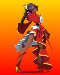 Rule 34 | 1girl, absurdres, bleach, breasts, crown, dark skin, dark-skinned female, dress, female focus, head tilt, high heels, high ponytail, highres, holding, holding weapon, long legs, looking at viewer, open mouth, orange background, purple eyes, purple hair, red dress, shihouin yoruichi, shoes, smile, solo, weapon