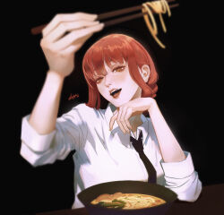Rule 34 | 1784632701, 1girl, blunt bangs, blush, braid, chainsaw man, chopsticks, dark background, food, formal, hand on own face, highres, holding, holding chopsticks, long hair, looking at viewer, makima (chainsaw man), necktie, noodles, open mouth, orange eyes, red hair, ringed eyes, shirt, sidelocks, single braid, solo, udon, white shirt
