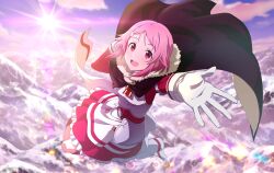 Rule 34 | 1girl, :d, armor, black cape, breastplate, cape, day, faulds, frilled skirt, frills, gloves, hair ornament, hairclip, hip armor, lens flare, lisbeth (sao), looking at viewer, midair, miniskirt, mountain, open mouth, outdoors, outstretched arm, outstretched hand, pink hair, reaching, reaching towards viewer, red eyes, red shirt, red skirt, shirt, short hair, skirt, smile, solo, sword art online, white gloves