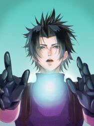 Rule 34 | 1boy, armor, black gloves, black hair, blue eyes, crisis core final fantasy vii, earrings, final fantasy, final fantasy vii, final fantasy vii remake, gloves, gradient background, highres, jewelry, light, looking at viewer, male focus, niburuchan zc, open hands, open mouth, outstretched arms, parted bangs, short hair, shoulder armor, single earring, sleeveless, sleeveless turtleneck, solo, spiked hair, stud earrings, suspenders, sweater, teeth, turtleneck, turtleneck sweater, upper body, upper teeth only, zack fair