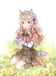 Rule 34 | 1girl, :d, animal, animal ear fluff, animal ears, animal on head, bird, black skirt, black socks, blue flower, bluebird, blush, boots, brown eyes, brown hair, capelet, center frills, commentary request, flower, frills, full body, grass, hair flower, hair ornament, hair ribbon, holding, holding animal, holding bird, hood, hood down, hooded capelet, kneehighs, long hair, long sleeves, on grass, on head, open mouth, original, pink flower, pleated skirt, red capelet, red footwear, red ribbon, ribbon, shirt, sitting, skirt, smile, socks, solo, tail, very long hair, wariza, wataame27, white shirt, wolf-chan (wataame27), wolf ears, wolf girl, wolf tail, yellow flower
