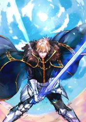 Rule 34 | 10s, 1boy, armor, artist name, blonde hair, cape, excalibur galatine (fate), facing viewer, fate/extra, fate/grand order, fate (series), fur trim, gauntlets, gawain (fate), glowing, glowing sword, glowing weapon, greaves, green eyes, highres, looking at viewer, male focus, short hair, solo, sun, sword, weapon
