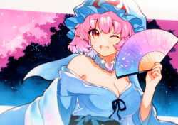 Rule 34 | 1girl, alternate eye color, bare shoulders, belt, black background, black belt, black bow, blue background, blue dress, blue hat, blue kimono, blush, bow, breasts, cherry blossoms, commentary request, dress, eyelashes, fingernails, gradient background, hair between eyes, hand fan, hand up, hat, highres, japanese clothes, jewelry, kimono, large breasts, long fingernails, long sleeves, looking at viewer, mob cap, multicolored eyes, necklace, off-shoulder dress, off shoulder, one eye closed, open mouth, petals, pink eyes, pink hair, qqqrinkappp, red eyes, saigyouji yuyuko, saigyouji yuyuko&#039;s fan design, short hair, smile, solo, tongue, touhou, traditional media, tree, triangular headpiece, wide sleeves, yellow eyes