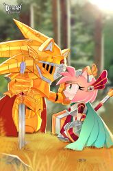 Rule 34 | 1boy, 1girl, absurdres, amy rose, animal ears, animal nose, armor, artist name, blue cape, blurry, blurry background, breastplate, caliburn (sonic), cape, commentary, covered eyes, daeream, english commentary, excalibur sonic, forest, from side, furry, furry female, furry male, gauntlets, gold armor, grass, greaves, green eyes, hammer, hand on another&#039;s cheek, hand on another&#039;s face, hedgehog, hedgehog ears, helm, helmet, highres, holding, holding sword, holding weapon, kneeling, knight, looking at another, nature, on grass, open mouth, outdoors, paladin, pink fur, planted, planted sword, planted weapon, red cape, shoulder armor, sitting, snout, sonic (series), sonic and the black knight, sonic the hedgehog, sword, tree, twitter username, weapon, weapon on back