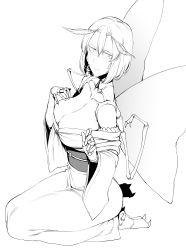 Rule 34 | 1girl, antennae, blush, breasts, cleavage, closed mouth, extra arms, extra pupils, fewer digits, from side, full body, greyscale, hair between eyes, hand on own chest, hands up, highres, insect wings, japanese clothes, kimono, large breasts, looking at viewer, monochrome, monster girl, moth wings, nakamura regura, no bra, no shoes, obi, original, sash, seiza, short hair, simple background, sitting, solo, white background, wings