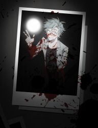 Rule 34 | 1boy, black pants, black shirt, blood, blood on clothes, blood on face, blood on hands, blue eyes, chinese commentary, collarbone, commentary request, grin, hand up, highres, kanou aogu, kaxiuyuan, lab coat, long sleeves, open clothes, other focus, pants, polaroid, saibou shinkyoku, shirt, short hair, smile, solo, white hair
