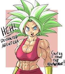 Rule 34 | abs, absurdres, breasts, cleavage, dragon ball, dragon ball super, earrings, green hair, highres, huge breasts, jewelry, kefla (dragon ball), looking at viewer, muscular, muscular female, solo, text focus